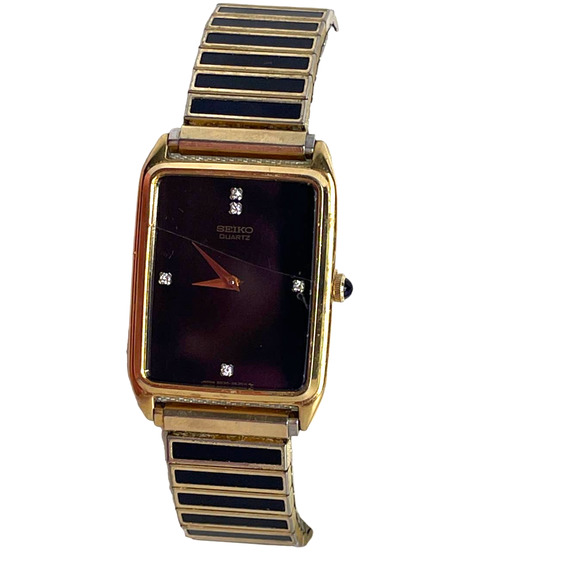 Seiko Other - Vintage Seiko Quartz Wristwatch Rectangular Gold Black Diamond Elastic Speidel